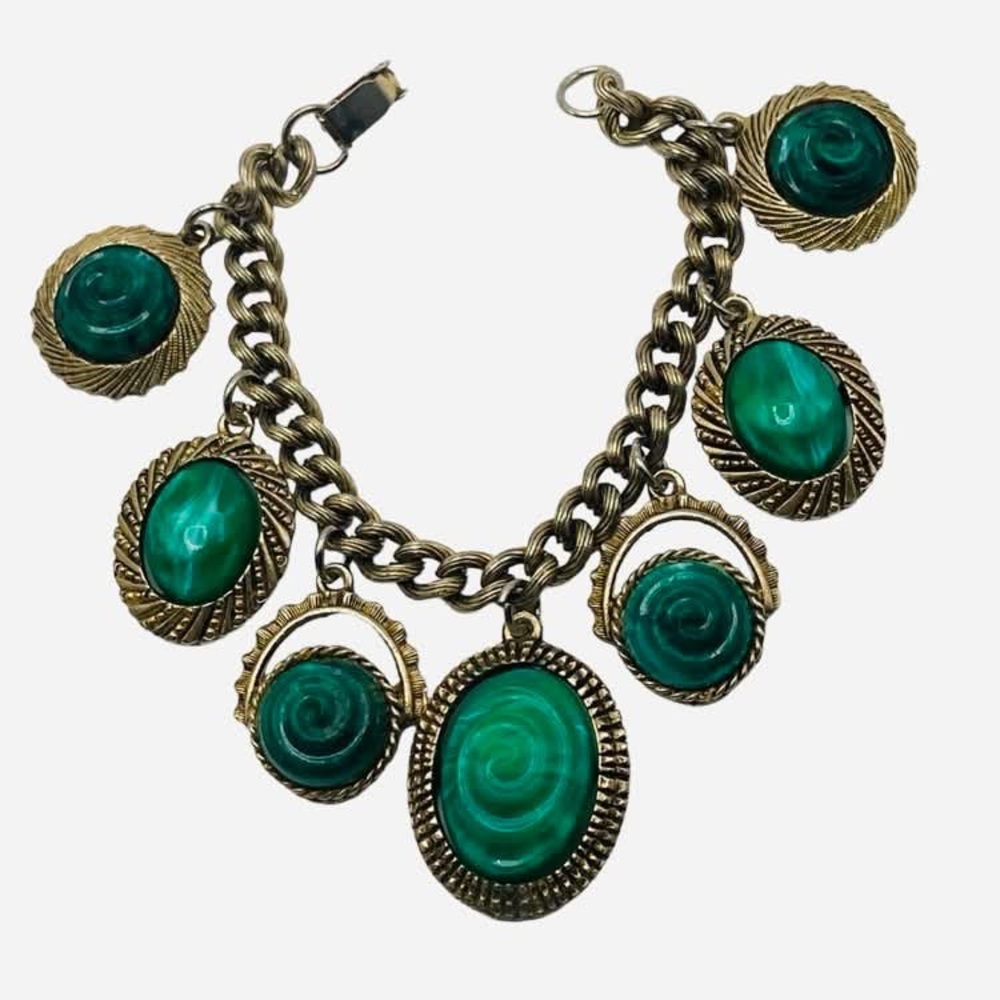 Vintage 1960’s Malachite Lucite Chunky Charm Bracelet